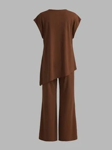 Women's Spring/Summer Coffee Brown Ribbed Knit Matching Set - Sleeveless Asymmetrical Hem Top + High Waist Wide Leg Pants (Belt Not Included), Casual Elegant For Daily, Commute, Gathering - Coffee Brown - View 3