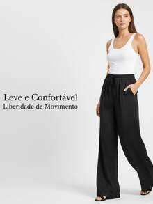 Women's Wide-Leg Pants In Premium Duna Fabric, High Waist, Elastic Waistband, Elegant, Wrinkle-Free, Casual/Office Style - 寶藍色 - 查看 8