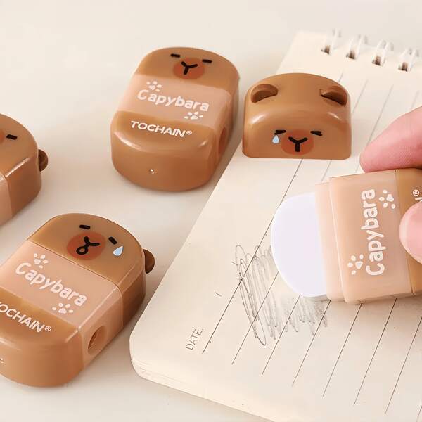 1pc/3pcs Cute Capybara Shaped Pencil Sharpener & Eraser 2-In-1, Easy To Use, Suitable For Office, Party And Other Occasions, Can Be Used As Random Items, School Supplies, Affordable Eraser Pencil Sharpener, Office Supplies