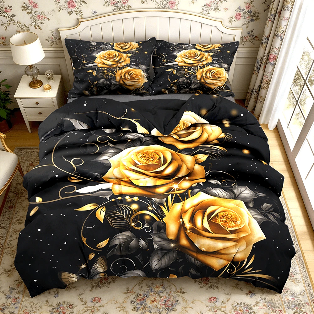 3-Piece/2-Piece Luxurious Yellow Roses Digital Printed Duvet Cover (Not A Comforter, Without Filling) - Lightweight, Breathable And Comfortable Spring Bedding Set, Suitable For Hotel Bedroom Decor, Valentine's Day Gift. Twin, Full, Queen, King - 黃色玫瑰 - 查看 1
