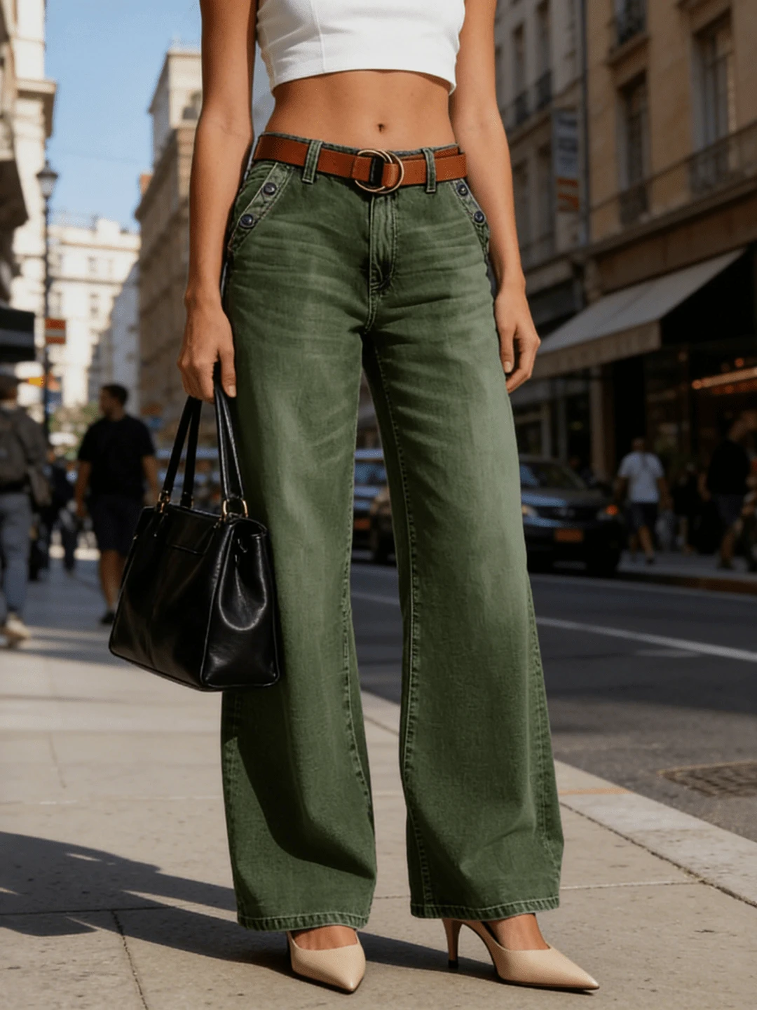 女士带口袋阔腿宽松休闲百搭牛仔裤（春季款） - 軍綠色 - 查看 1