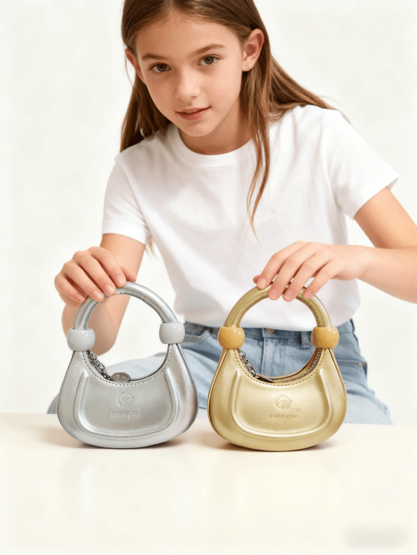 儿童新款新月手提包，时尚迷你包，适合小女孩，可作化妆包、零钱包、个性化精致小包、节日礼物、公主风休闲包，金色、银色、黑色、白色、粉色可选，可爱小包 - 彩色 - 查看 1