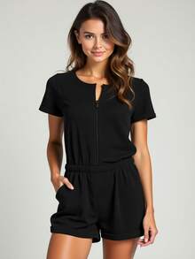 Curve And Plus Size Jumpsuit In Black Fleece With Zipper For Women (Adult) - Black - View 1