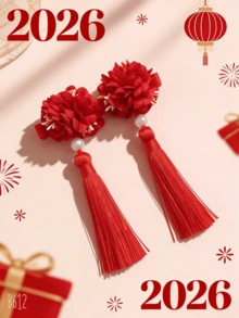 2件套中国新年红色花朵流苏发夹，女孩珍珠吊坠发卡，节日头饰 - 彩色 - 查看 5