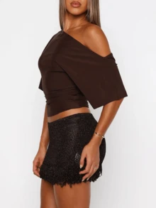 Women's Y2K Crochet Knit Mini Skirt Low Waist Frayed Hem Fringe Bodycon Summer Going Out Cover Up Short Skirt - Màu nâu Sô-cô-la - Xem 5