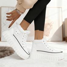 Autumn And Winter Fashion Casual Lamb Wool Lined High-Top Shoes, Faux Leather Patchwork Color-Block Metal Decor Lace-Up Platform Wedge Women's Shoes, Warm And Comfortable - 白色加絨款 - 查看 7
