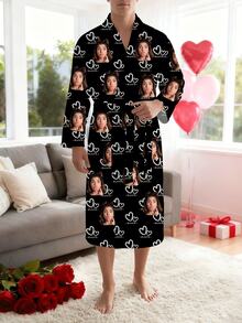 定制男士浴袍，带腰带，可印制趣味照片、宠物肖像，轻盈透气，适合春夏穿着，四季皆宜，可机洗。可个性化定制人物或宠物肖像，是送给家人、朋友、周年纪念日、生日、情人节、卧室装饰、情侣、男友的理想礼物。 - 黑色 - 查看 4