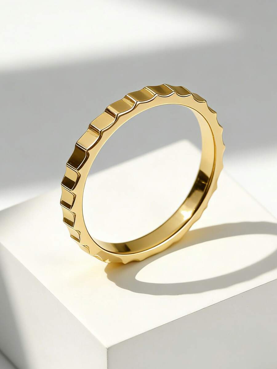 Charm-In Nhẫn bản rộng mạ vàng, thiết kế hình học tối giản hiện đại, phù hợp đeo hàng ngày và công sở, món quà lý tưởng cho phụ nữ. - Vàng - Xem 1