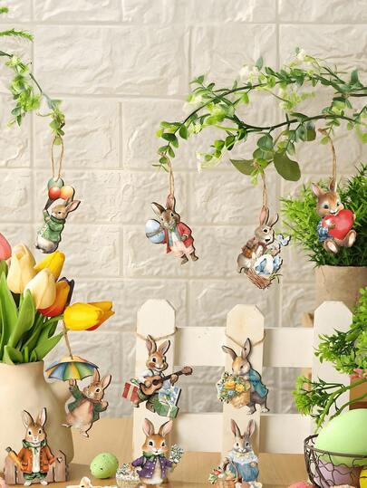 36/24/12pcs Vintage Wooden Rabbit Decorations, Easter Decor, Spring Holiday Home Decor, Joyful Easter Tree Rabbit Decorations, Hollow Rustic Style Decorations With Ropes, Animal Themed Easter Rabbit Decorations, Suitable For Home And Kitchen