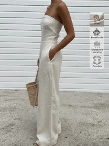 魅力亚麻时尚休闲简约无肩带阔腿连体裤，适合日常穿着、通勤和约会。 - 杏色 - 查看 8