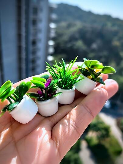 4pcs Mini Artificial Potted Plant Set - Realistic Fake Bonsai And Floral Greenery, Resin Square Planters, No Power Needed - Suitable For Dollhouses, Mini Gardens, Halloween & Christmas Decor And More