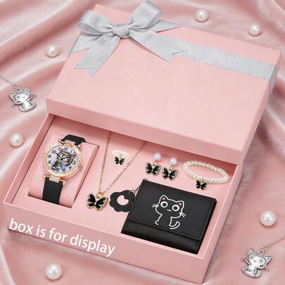 Cute Cat Ear & Butterfly Women's Watch Jewelry Set - Watch + Necklace + Earrings + Bracelet + Ring + Wallet Set, Sweet Girl Style For Daily Wear & Dates, Great Gift For Valentine's Day, Mother's Day, New Year