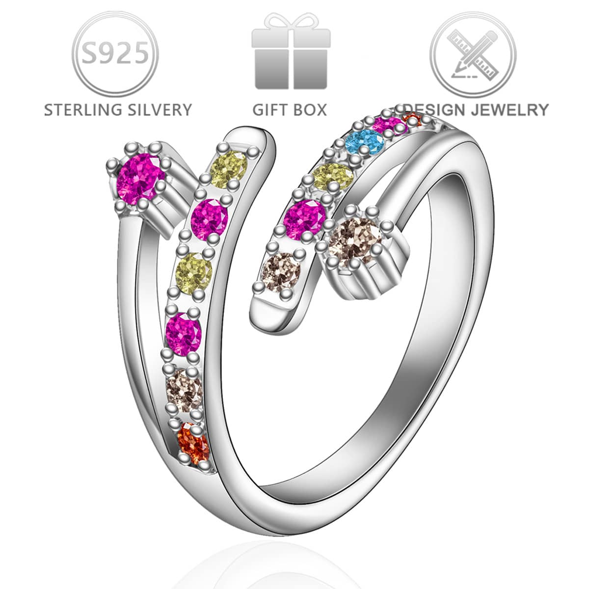 1 pieza Anillo abierto de plata de ley 925 con circonita cúbica incrustada, adecuado para uso diario casual, fiestas, bodas, vacaciones, cumpleaños, regalo del Día de San Valentín para mujeres - Plateado - Ver 1