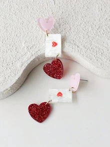 一对亚克力红色心形耳环 | 复古优雅信封式设计，不锈钢耳钩，适合情人节及所有季节佩戴（不含贺卡） - 彩色 - 查看 3