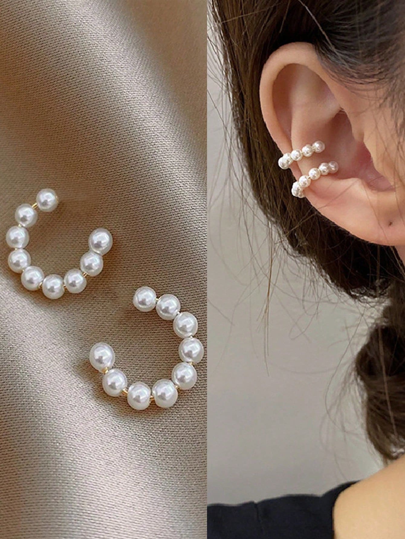 1 par de pendientes de clip con perlas falsas, con forma de hueso en forma de C, minimalistas y de moda, adecuados para mujeres, accesorio de moda, regalo de cumpleaños, uso diario (cantidad de perlas al azar) - Dorado - Ver 1