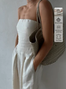 魅力亚麻时尚休闲简约无肩带阔腿连体裤，适合日常穿着、通勤和约会。 - 杏色 - 查看 6