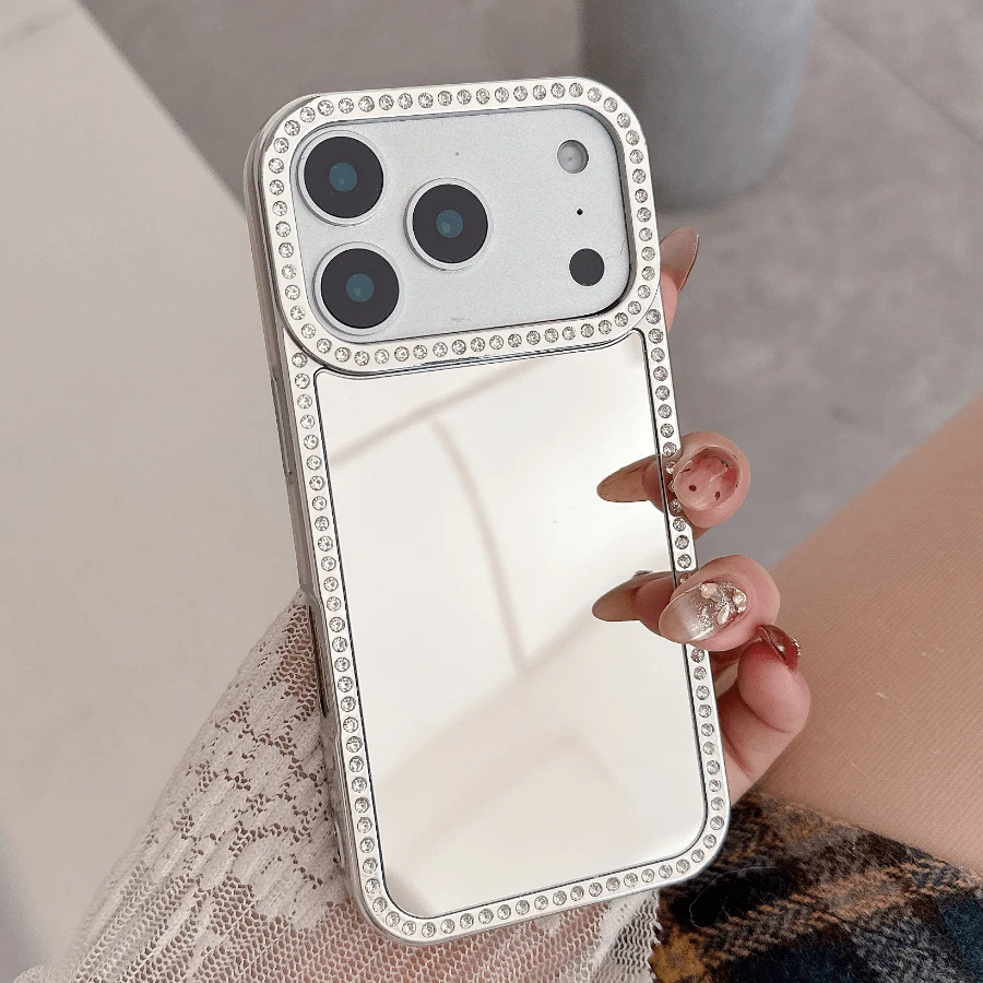 Mirror Frame Rhinestone Phone Case Compatible With IPhone 17 Pro Max/17 Pro/17/16 Pro Max/16 Pro/16/15 Pro Max/15 Pro/15/15 Plus/14 Pro Max/14 Pro/14/14 Plus/13 Pro Max/13 Pro/13/12 Pro Max/12 Pro/12 - Luxurious Premium Texture - Silver - View 1