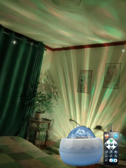 1pc Northern Lights LED Projector Lamp - 7 Dynamic Modes, Remote Control Rotating Starry Sky Projector, USB Powered Portable Night Light, Bedroom Decor & Relaxation Gift, Compact Star Sky Ambiance Creator, Bedside Table Lamp, Polished Surface Desktop Lighting