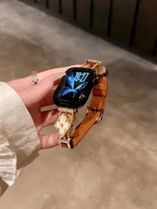 New Genuine Leather Watch Band Compatible With Apple Watch Series 10/8/9/7/6/5/4/3/2/1, Also Compatible With Apple Watch Ultra 40mm 44mm 41mm 45mm 49mm 42mm 38mm, Fashionable Bracelet Accessory For Women. Comfortable To Wear On The Wrist Without Feeling Stuffy. - Brown Gold Lychee Pattern - View 3