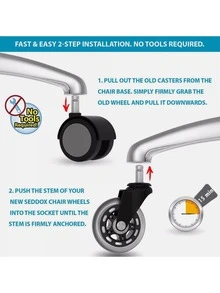 5 Piece Set Office Chair Castors Ø11mm Hard Floor Castor Quiet Chair Castors Swivel Chair Castor Black And Clear 73mm Wheel Diameter 22mm Wheel Width - A - 查看 6