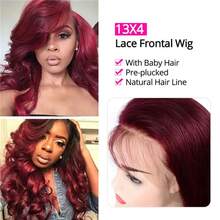 34 Inch #99J Burgundy Lace Front Wigs Blended Human Hair 13x4 HD Transparent Body Wave Lace Front Wigs Human Hair Pre Plucked Human Hair Wigs For Women - SBUG - View 5