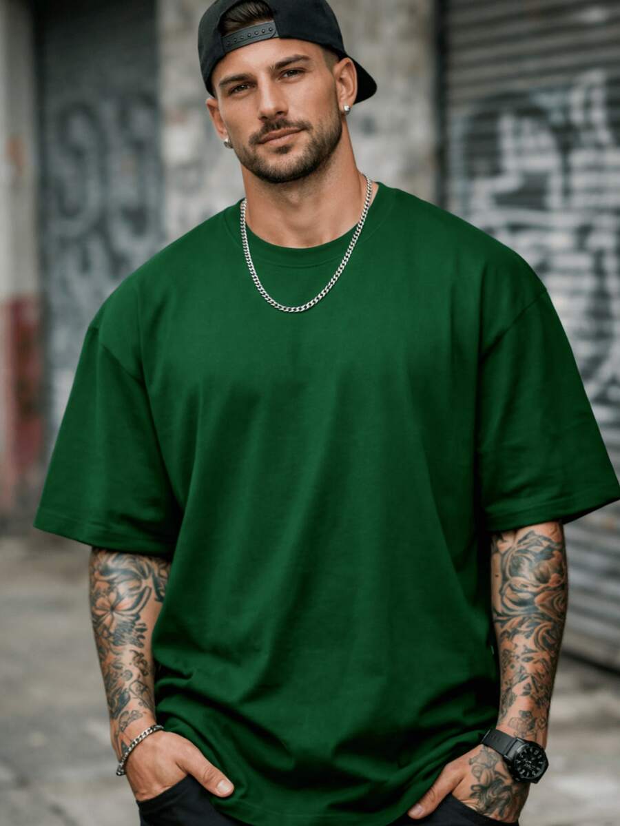 Men's Oversized Plain Streetwear T-Shirt, 100% Cotton - xanh quân đội - Xem 1