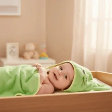 Baby Terry Towel Lined With Double-Layer Diaper Fabric And Animal-Themed Hood - Mèo con xanh - Xem 3