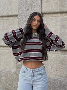 HZXVIC 2026 New Retro Contrast Striped Polo Collar Casual Versatile Knit Sweater Spring - Grey - View 5