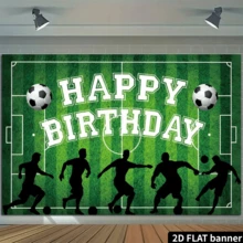 2D Football Theme Birthday Party Backdrop, Green Grass Pitch Pattern With Golden Trophy, Football Balloons, Colorful Confetti Banner, Suitable For Birthday Party Photography Decoration, Indoor And Outdoor Use, Durable Polyester Material - Green - View 5