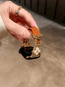 New Genuine Leather Watch Band Compatible With Apple Watch Series 10/8/9/7/6/5/4/3/2/1, Also Compatible With Apple Watch Ultra 40mm 44mm 41mm 45mm 49mm 42mm 38mm, Fashionable Bracelet Accessory For Women. Comfortable To Wear On The Wrist Without Feeling Stuffy. - Brown Gold Lychee Pattern - View 4