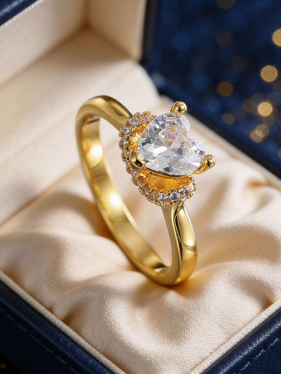 Women's Gold-Plated Cubic Zirconia Ring, Minimalist Heart-Shaped Center Stone Design, Versatile & Elegant For Daily Commute/Casual Wear, Fashionable Birthday Gift - Gold - View 1