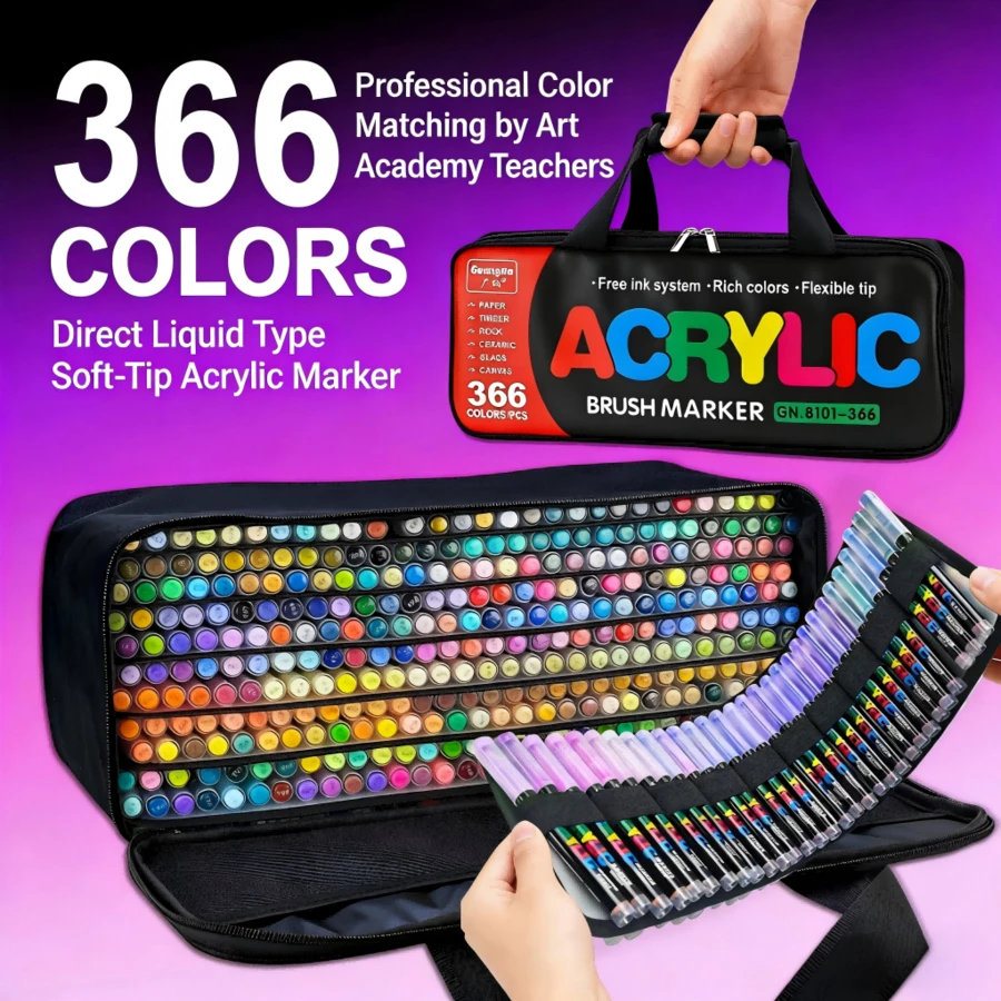 Bộ bút vẽ acrylic mềm mại GuangNa 16 inch hình vali, 360 màu/366 màu, kèm túi vải, hệ thống mực tự do, màu sắc phong phú, hình ảnh rõ nét, có thể chồng màu, độ phủ tốt, đầu bút mềm dẻo, đàn hồi cao, vẽ được cả nét thô và nét mảnh.