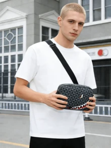 1pc Black/Beige Windmill Pattern PU Leather Messenger Bag With Shark Mouth Print, Stylish, Fashionable, , High-End For Men - Multicolor - View 3