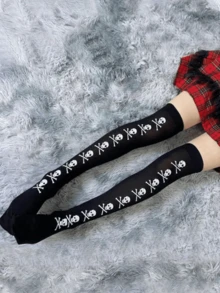 1pair Women's Over Knee Socks, Crisscross Bones Halloween Party COS Costume - Multicolor - View 2