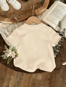 女童标语印花圆领短袖T恤，春夏休闲T恤 - 杏色 - 查看 3