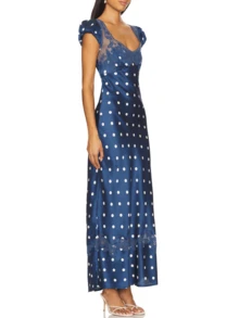 Women's Elegant Polka Dot Satin Maxi Dress Floral Lace Patchwork Bubble Sleeve Sweetheart Neck Open Back Fit  Flare Long Dress Summer  Outfits For Going Out Coquette Clothes For Wedding Academy Resort Vacation Family Gathering Graduation Party Music Festival - 藍色 - 查看 3