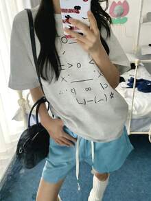 Women's Heather Grey Oversized Graphic Tee Aesthetic Abstract Symbol Print T-Shirt Loose Fit Drop Shoulder Casual Streetwear Top Harajuku Style Summer - Light Gray - View 3