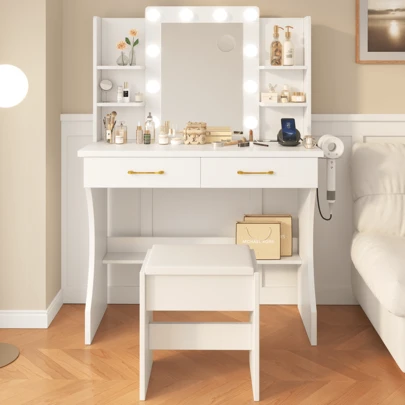 Kaptafel met spiegel en kruk, 85 x 40 x 140 cm, LED en 3 verlichtingsstanden, 2 stopcontacten en 2 USB-poorten, 2 lades, 4 planken