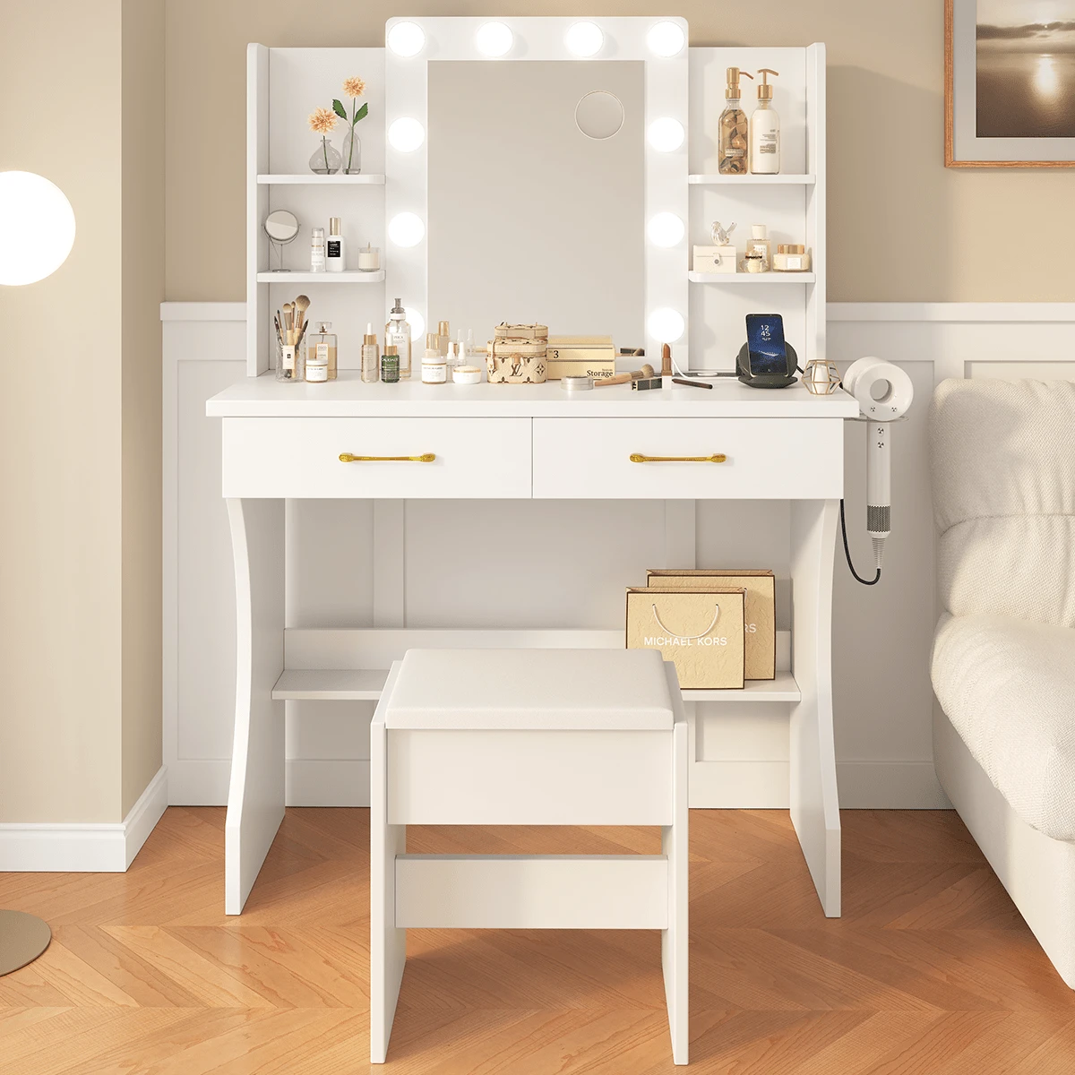 Vanity Table With Mirror And Stool, 85 X 40 X 140 Cm, LED And 3 Lighting Modes, 2 Sockets And 2 USB Ports, 2 Drawers, 4 Shelves - EU E Type Plug(220-240V) - View 1