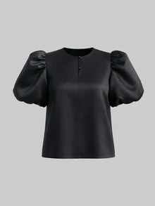 Women's Elegant Luxurious Commuter Black Satin Puff Sleeve Blouse, Spring/Summer - Black - View 4