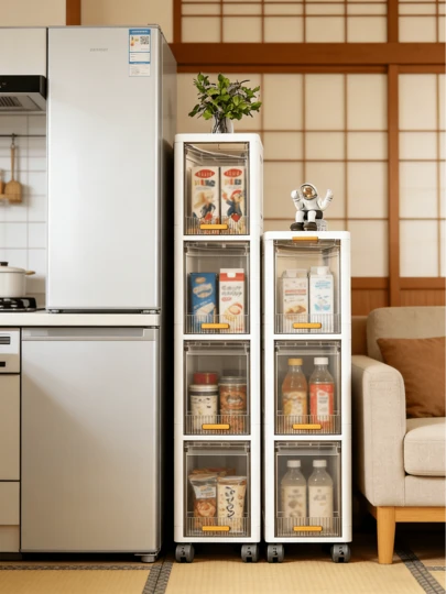 キャスター付きの狭いバスルーム収納キャビネット、3〜4段の超薄型プラスチック収納ラックで棚の高さ調節可能、小スペース、バスルーム、キッチン、ランドリールームに適したミルキーホワイト