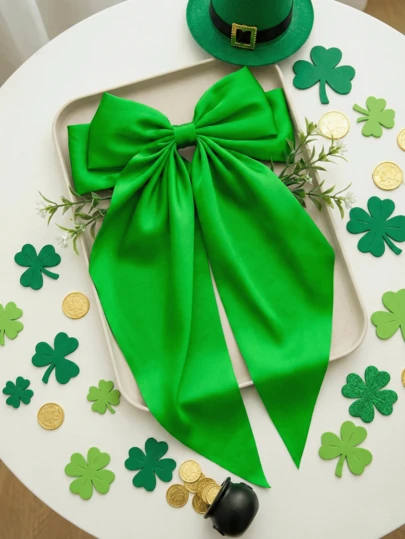 1pc St. Patrick's Day Women/Girls Oversized Green Satin Bow Hair Clip With Long Tail, Extra Large Irish Holiday Costume Accessory, Lucky Shamrock Festival Hair Clip Hairpin For Ladies, Hair Accessories For Women, Head Accessories, Claw Clips, Hair Slide,Summer,Travel