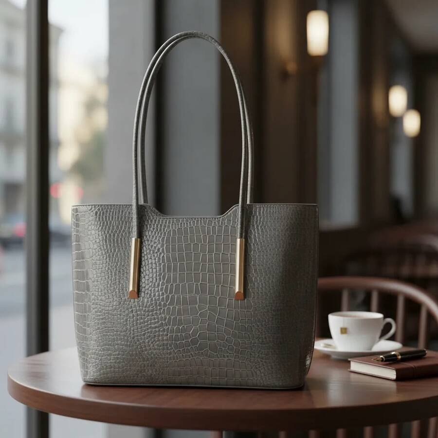LaytonVivian L0032 Women's Large Structured Handbag With Shoulder Strap, Elegant Croco Texture, Spacious For Work And Everyday Use - Grey - View 1