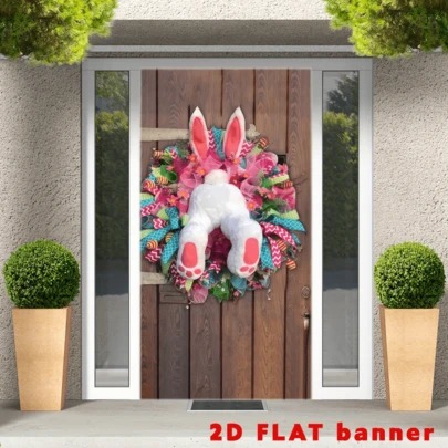 1pc Large Polyester Rabbit & Floral Wreath Door Hanging Multipurpose Indoor/Outdoor Decorative Sign For All Occasions, Universal Holiday Party Banner Without Electricity