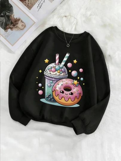 Soft & Comfortable Pullover Sweatshirt With Boba Tea & Donut Print, Machine Washable, Versatile Casual Sportwear For School, Vacation And Shopping, Essential For Back To School Season, Autumn/Winter