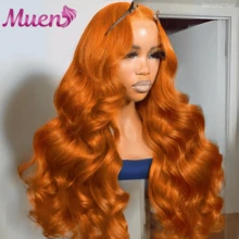 姜橙色 13x4 高清蕾丝前假发，真人发，预先拔毛，350# 蓬松波浪假发，200% 密度，橙色前蕾丝假发，自然漂白发结，带婴儿发，姜黄色假发 - S350 - 查看 2