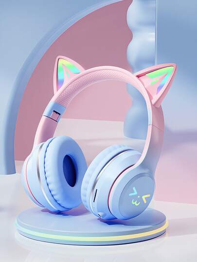 GENAI Căști wireless cu design LED în formă de urechi de pisică, căști drăguțe pentru fete și adolescente, potrivite pentru muzică, jocuri, video și utilizare zilnică
