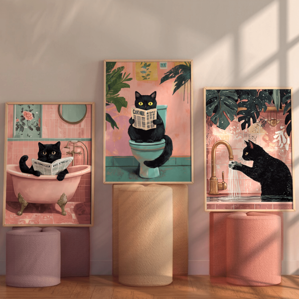 3件套复古墙面艺术海报，粉色猫咪壁画，趣味印花帆布画，幽默动物主题海报，充满美感，保证提升多巴胺水平。适用于浴室、卫生间、宿舍和公寓墙面装饰。送给爱猫人士的完美礼物，可选择带框或不带框，房间装饰，家居装饰。
