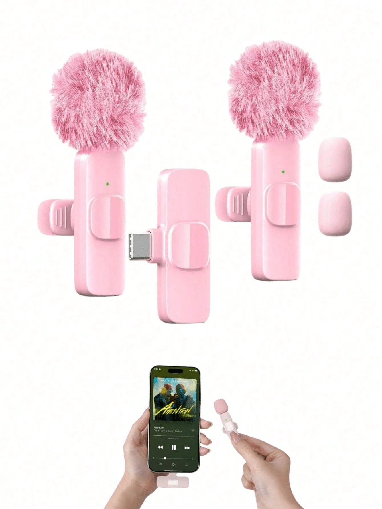 60mAh Battery Wireless Lavalier Microphone, Noise Cancelling, For Live Streaming, Karaoke, Pink - Pink - View 1