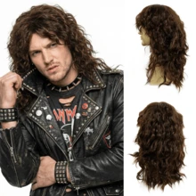 Peluca retro mullet de los años 70 y 80 con flequillo, larga, peluda y rizada, estilo disco en marrón oscuro, unisex, estilo hippie rock, disfraz para fiesta temática de los 80, cosplay de anime, cabello sintético resistente al calor, peluca estilo años 70, REEWES de 48 cm. - Marron oscuro - Ver 14